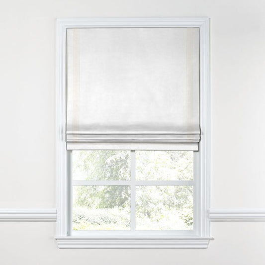 Flat Roman Shade in White Linen with White Trim