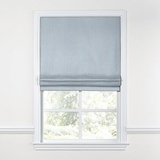 Flat Roman Shade in Little White Line - Blueberry